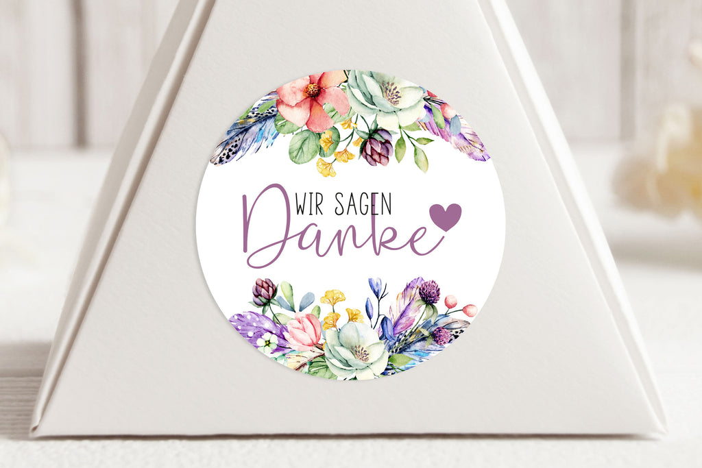Sticker 24St 4cm - Wir sagen Danke, Hochzeit, Wildblumen, Blüten rosa, lila, gelb