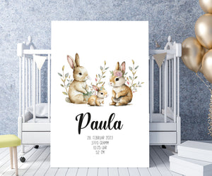 Geburtsanzeige personalisiert - Poster für das Kinderzimmer mit Name Datum Gewicht Größe Hasenfamilie Hase