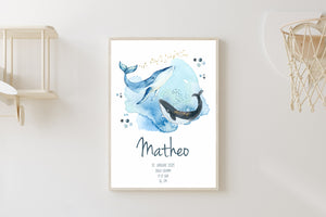 Geburtsanzeige personalisiert - Poster für das Kinderzimmer mit Name - Wal