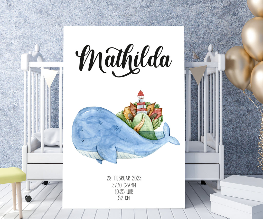 Geburtsanzeige personalisiert - Poster für das Kinderzimmer mit Name Datum Gewicht Größe- Wal blau