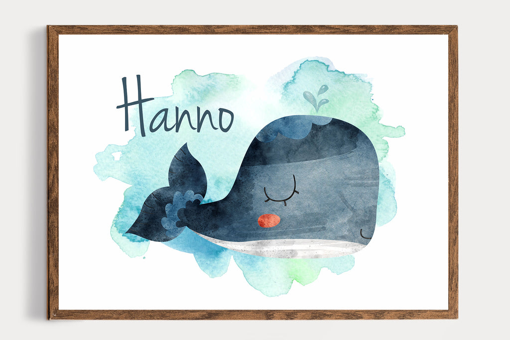 Geburtsanzeige personalisiert - Poster für das Kinderzimmer mit Name - Wal - Beluga