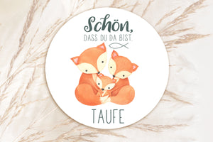 Sticker 24 St 4cm - Taufe - Schön, dass du da bist, Fuchs Familie orange