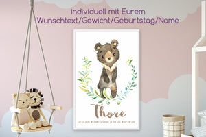 Geburtsanzeige personalisiert -  Poster für das Kinderzimmer  - Bär - titoprint.de