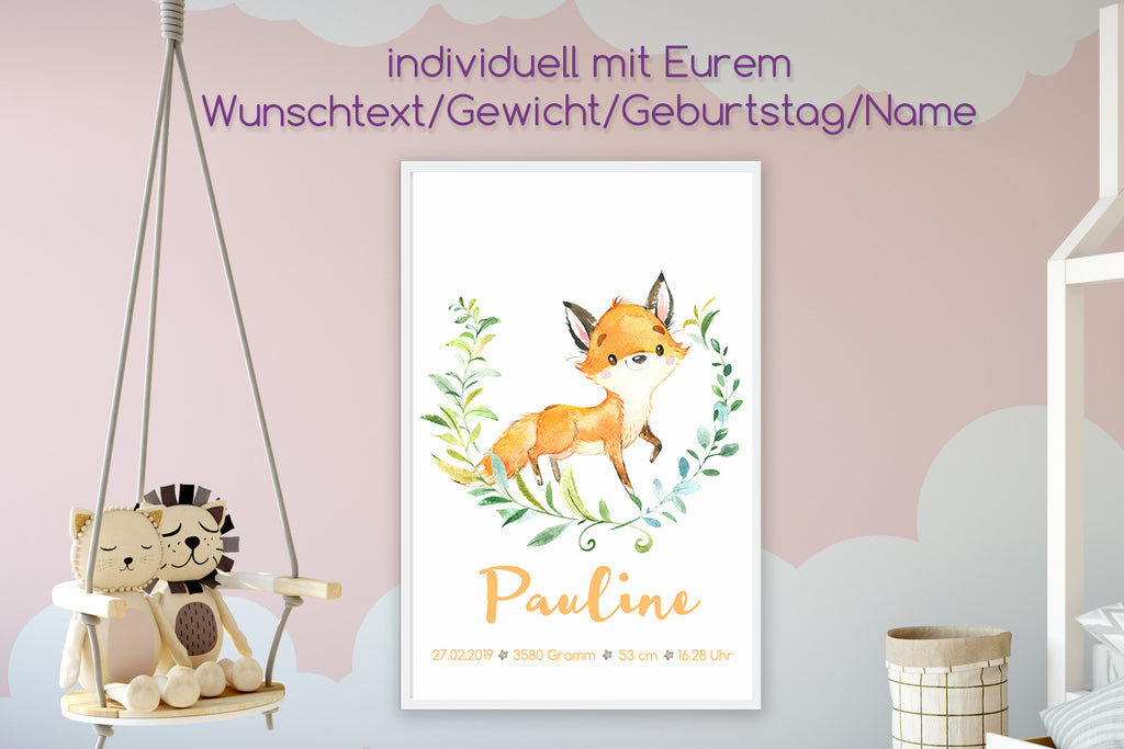Geburtsanzeige personalisiert -  Poster für das Kinderzimmer  - Fuchs - titoprint.de