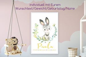 Geburtsanzeige personalisiert -  Poster für das Kinderzimmer  - Hase - titoprint.de