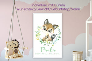 Geburtsanzeige personalisiert - Poster für das Kinderzimmer - Waschbär - titoprint.de